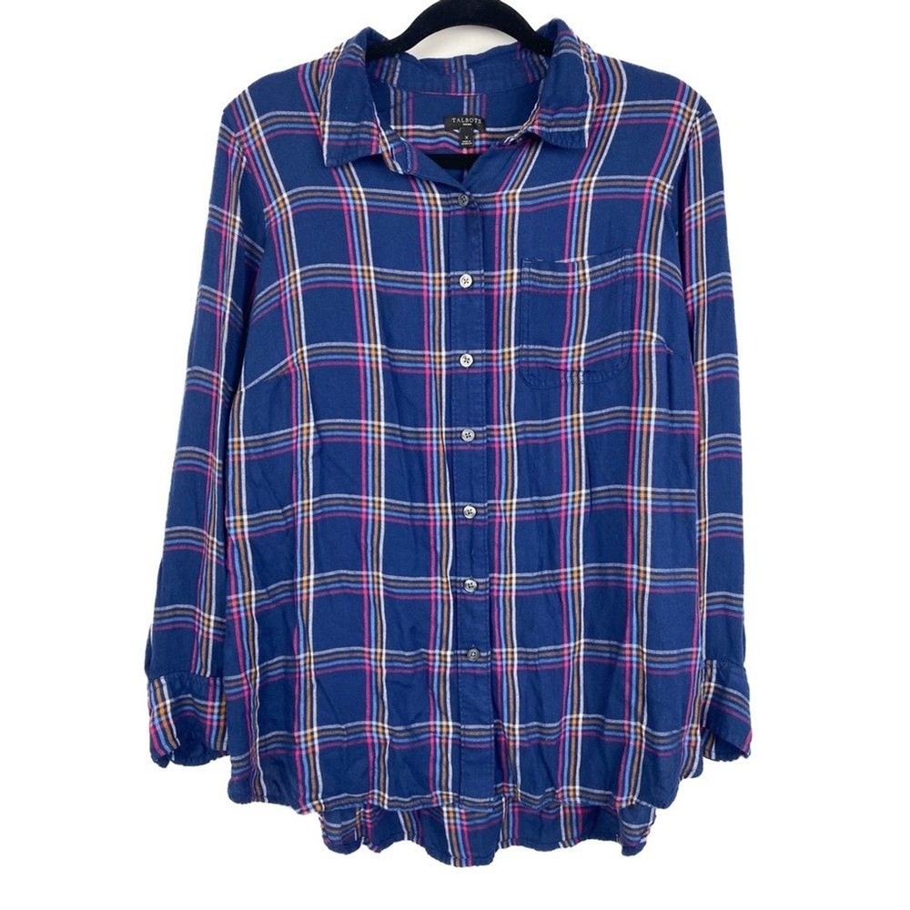 Talbots Womens Button Up Shirt X Blue Buckingham Plaid Flannel Tunic‎ Fall